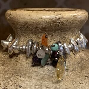 Sterling Silver and Multi Color Gemstones Stretch Bracelet by Regino